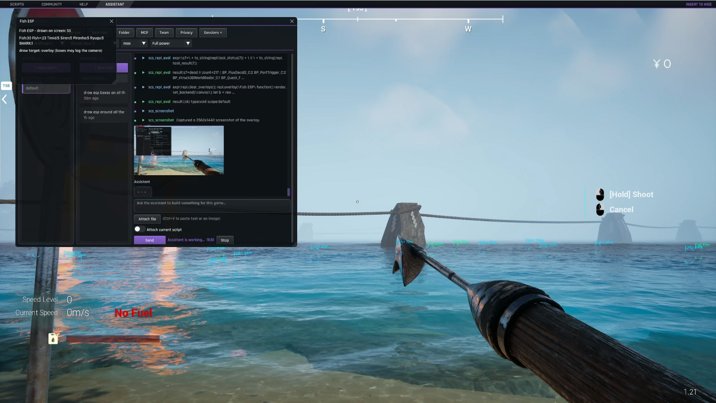 The SChaos overlay running in-game: enemy boxes with distance readouts alongside the script panel.