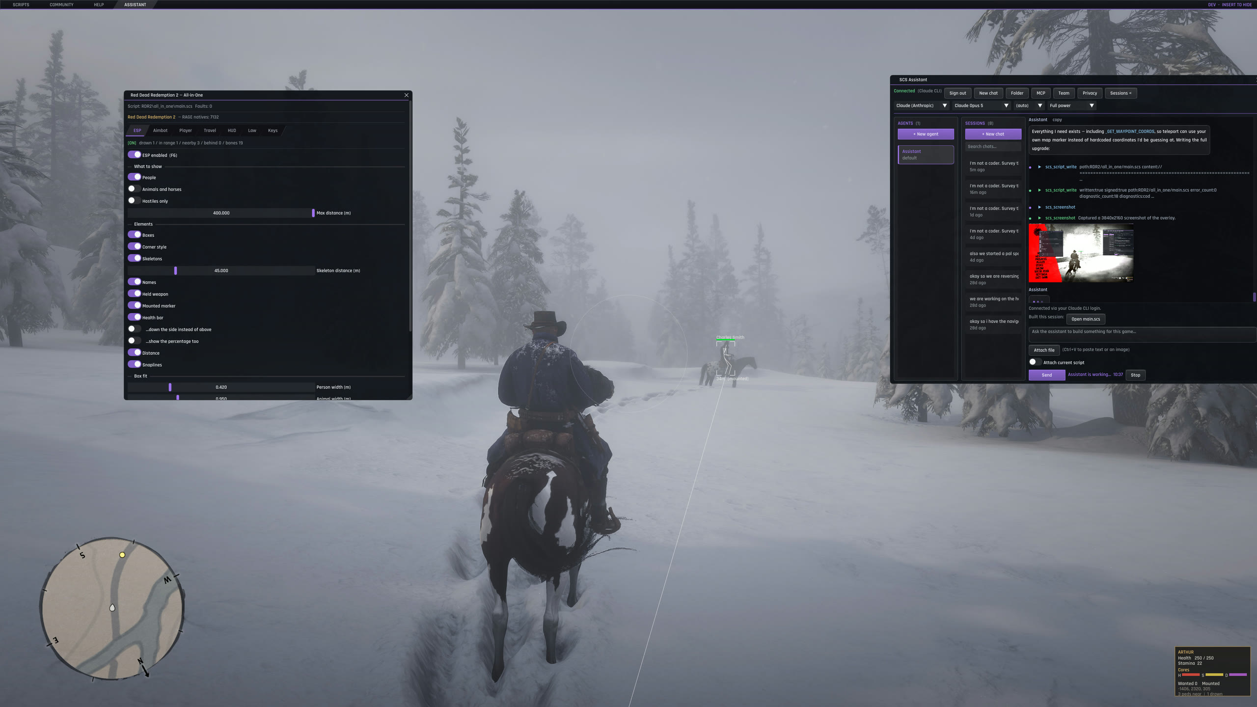 Red Dead Redemption 2 with the SChaos all-in-one panel open: ESP toggles for people, animals, boxes, skeletons, names and health bars, a max-distance slider, and the SCS Assistant panel writing the script alongside it.